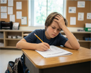 A stressed student taking a standardized test representing how schools prioritize compliance over critical thinking