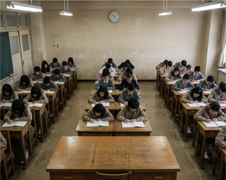 A traditional classroom with rows of students all facing forward showing conformity and obedience in education